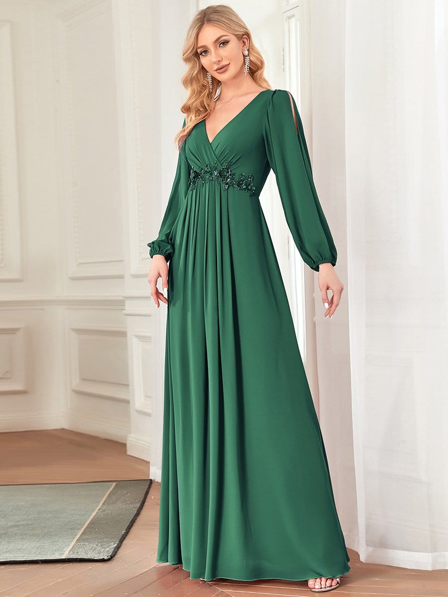 Elegant Chiffon V-Neckline Long Sleeve Formal Evening Dress