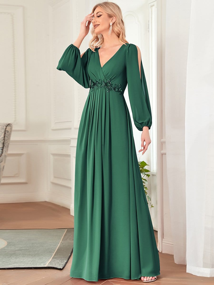 Elegant Chiffon V-Neckline Long Sleeve Formal Evening Dress