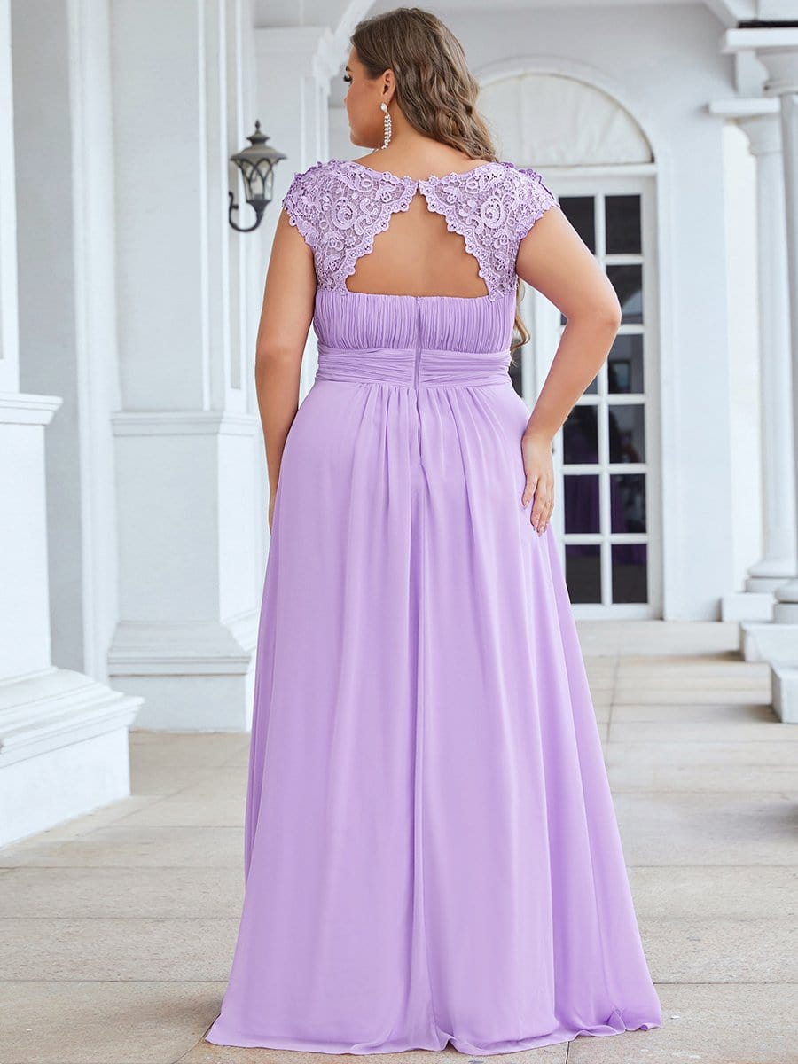Elegant Lace Cap Sleeve Chiffon Evening Gown with Ruched Detail: Lacey Neckline Open Back Ruched Bust Plus Size Evening Dress