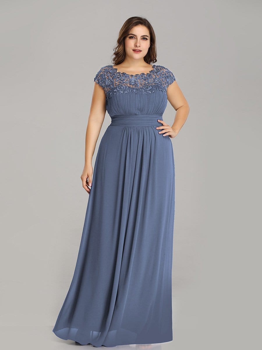 Elegant Lace Cap Sleeve Chiffon Evening Gown with Ruched Detail: Lacey Neckline Open Back Ruched Bust Plus Size Evening Dress
