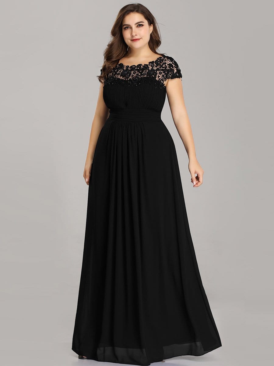 Elegant Lace Cap Sleeve Chiffon Evening Gown with Ruched Detail: Lacey Neckline Open Back Ruched Bust Plus Size Evening Dress