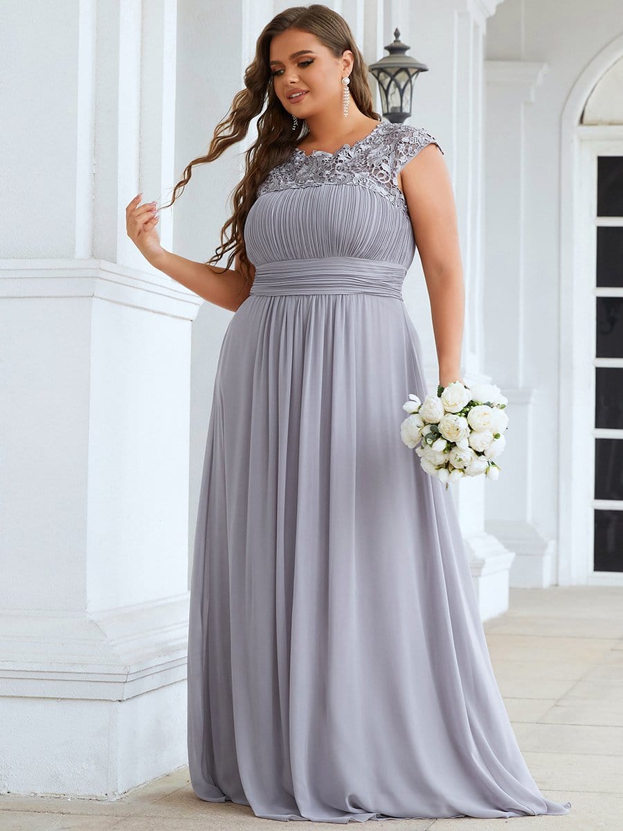 Elegant Lace Cap Sleeve Chiffon Evening Gown with Ruched Detail: Lacey Neckline Open Back Ruched Bust Plus Size Evening Dress