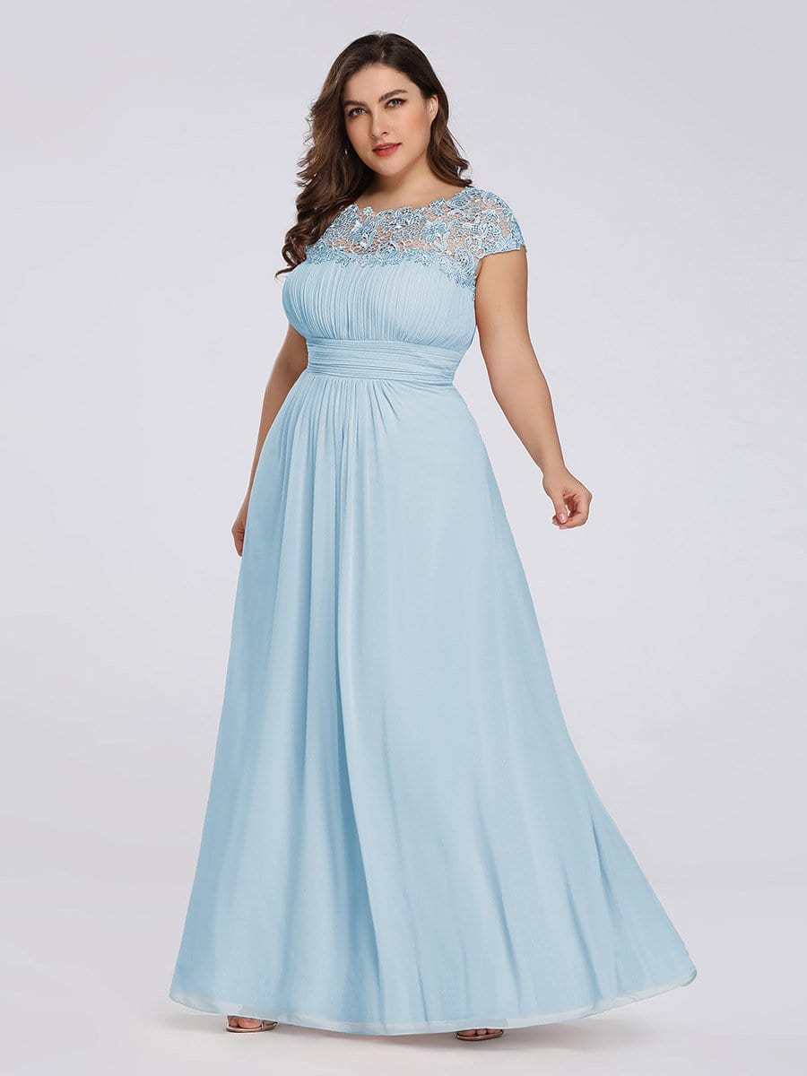 Elegant Lace Cap Sleeve Chiffon Evening Gown with Ruched Detail: Lacey Neckline Open Back Ruched Bust Plus Size Evening Dress