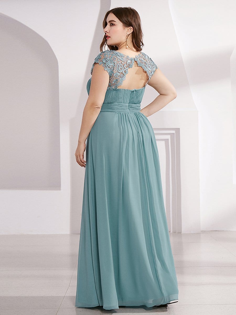 Elegant Lace Cap Sleeve Chiffon Evening Gown with Ruched Detail: Lacey Neckline Open Back Ruched Bust Plus Size Evening Dress
