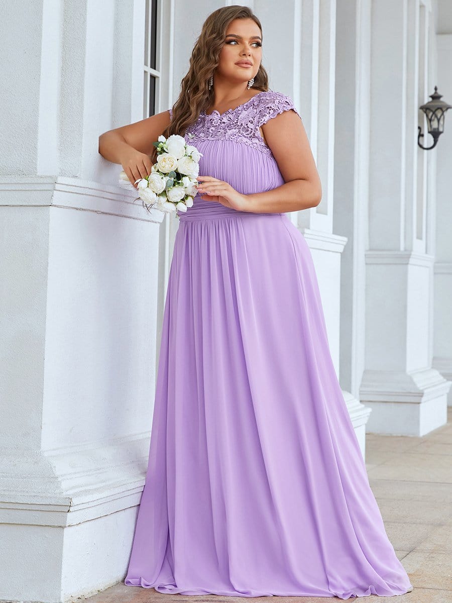 Elegant Lace Cap Sleeve Chiffon Evening Gown with Ruched Detail: Lacey Neckline Open Back Ruched Bust Plus Size Evening Dress