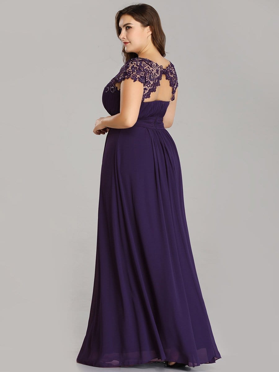 Elegant Lace Cap Sleeve Chiffon Evening Gown with Ruched Detail: Lacey Neckline Open Back Ruched Bust Plus Size Evening Dress