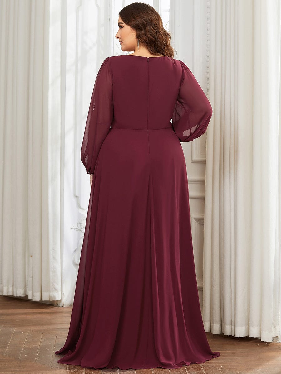 Chic Plus Size Chiffon Evening Gown with Long Lantern Sleeves and Applique Embellishment