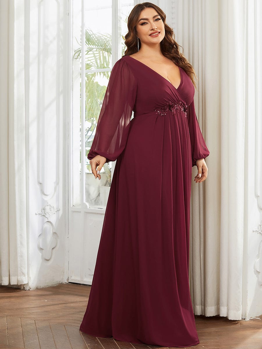 Chic Plus Size Chiffon Evening Gown with Long Lantern Sleeves and Applique Embellishment