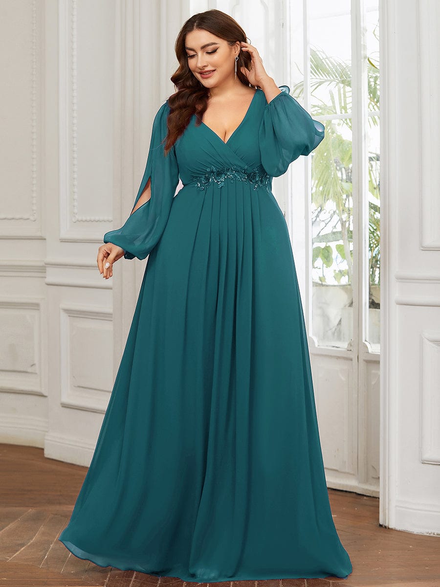 Chic Plus Size Chiffon Evening Gown with Long Lantern Sleeves and Applique Embellishment