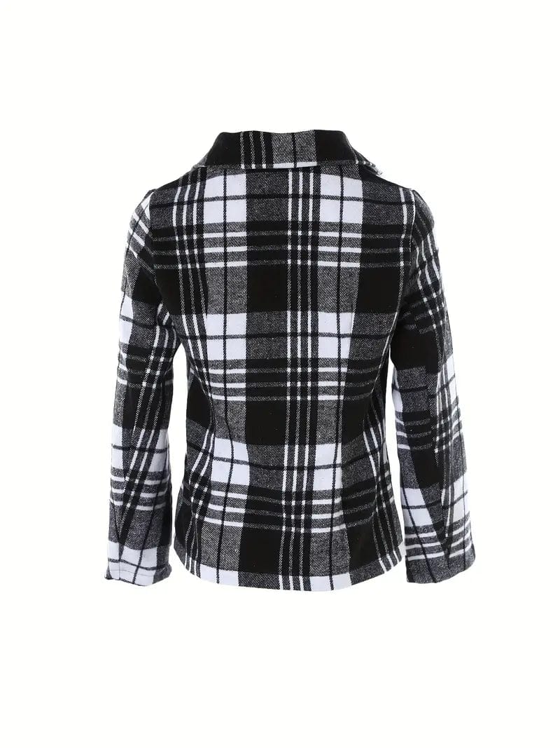 Plaid Lapel Blazer with Single Breasted Long Sleeve - Women's Outerwear