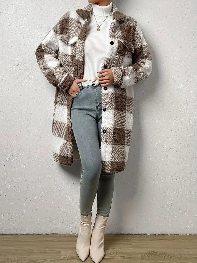 Plaid Pattern Teddy Coat, Stylish Open Front Long Sleeve Outerwear, Women's Garment