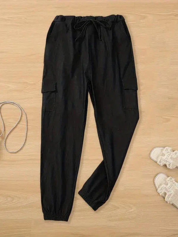 Solid Drawstring Cargo Pants for Y2K, Elastic Waist Casual Trousers With Pockets, Women's Clothing