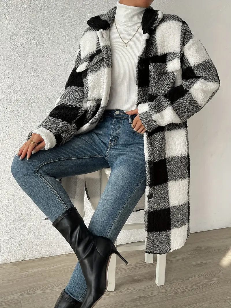 Plaid Pattern Teddy Coat, Stylish Open Front Long Sleeve Outerwear, Women's Garment