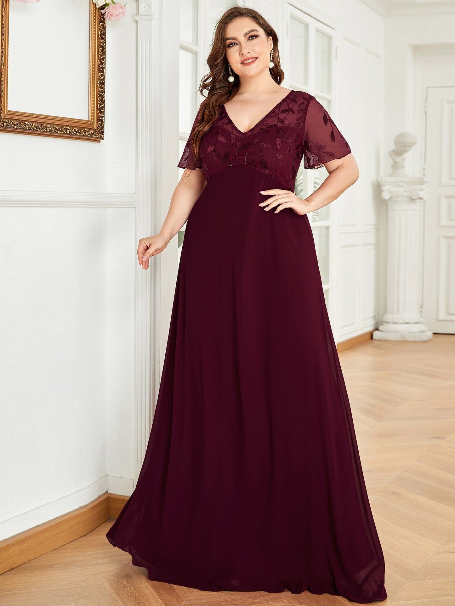 Elegant Floral Sequin Plus Size Evening Gown with Cap Sleeves