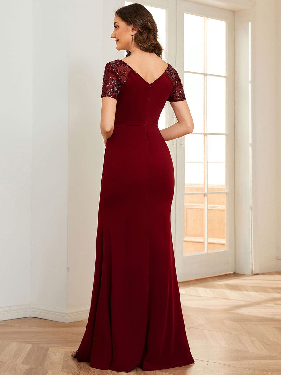 Deep V-Neck Sequin Short Sleeve High Side Front Slit Mother of the Bride Dress
