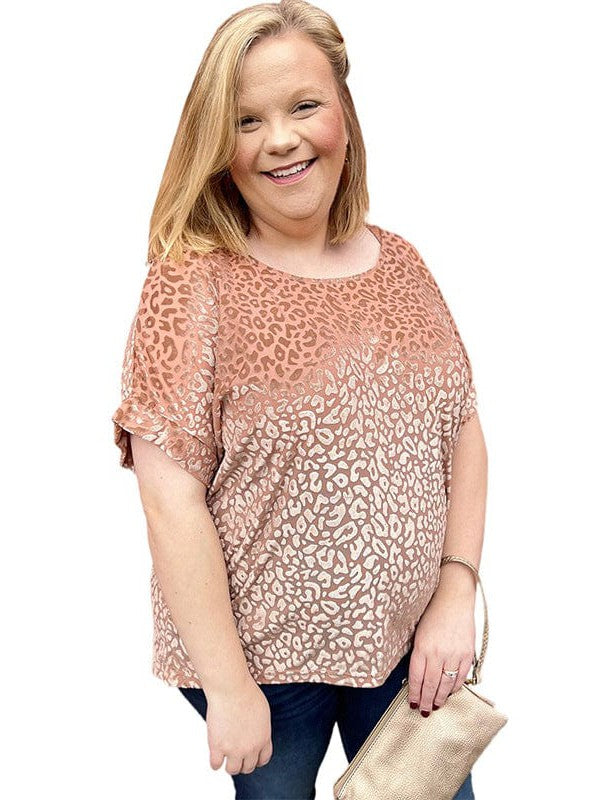 Glitter Leopard Print Pullover T-shirt in Pink - Plus Size Streetwear