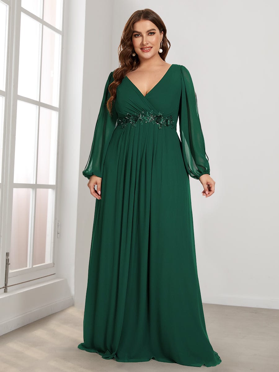 Elegant Chiffon Plus Size Evening Gown with Long Lantern Sleeves