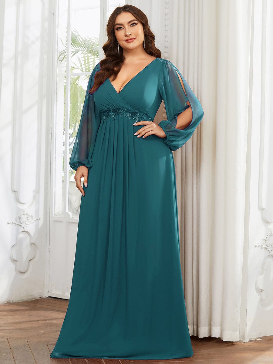 Elegant Chiffon Plus Size Evening Gown with Long Lantern Sleeves