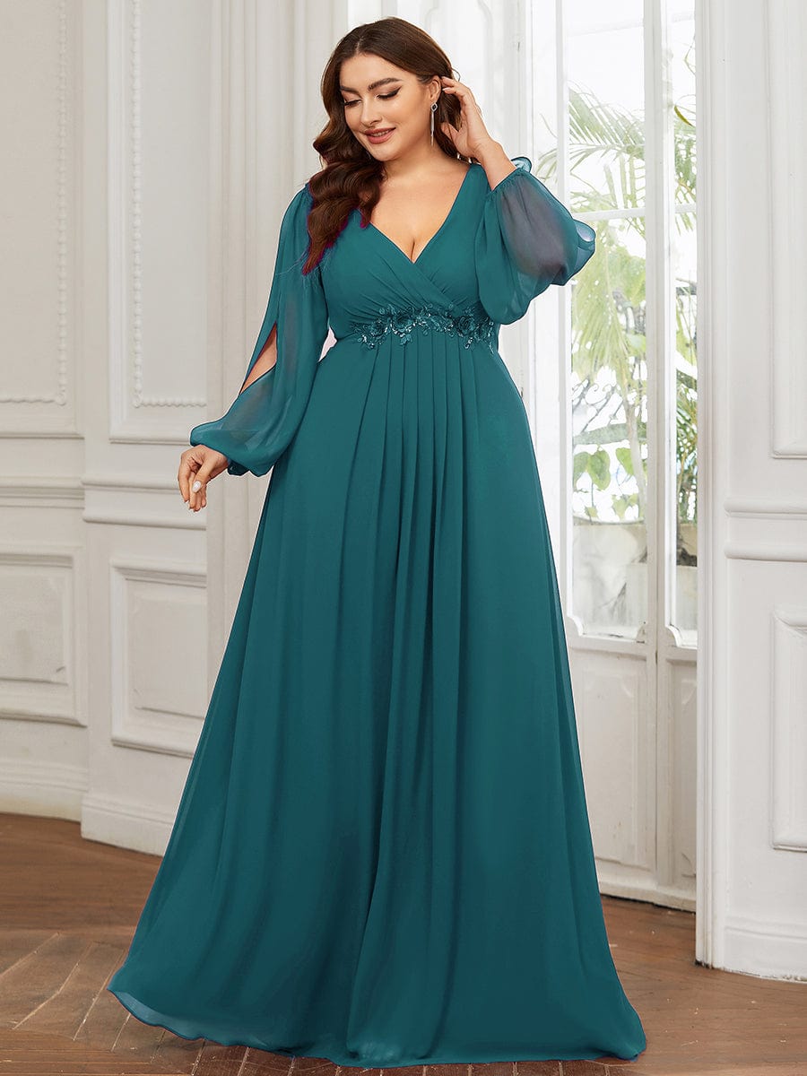 Elegant Chiffon Plus Size Evening Gown with Long Lantern Sleeves