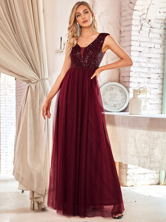 A-Line V-Neck Sequin Dress Women's Floor-Length Prom Dresses