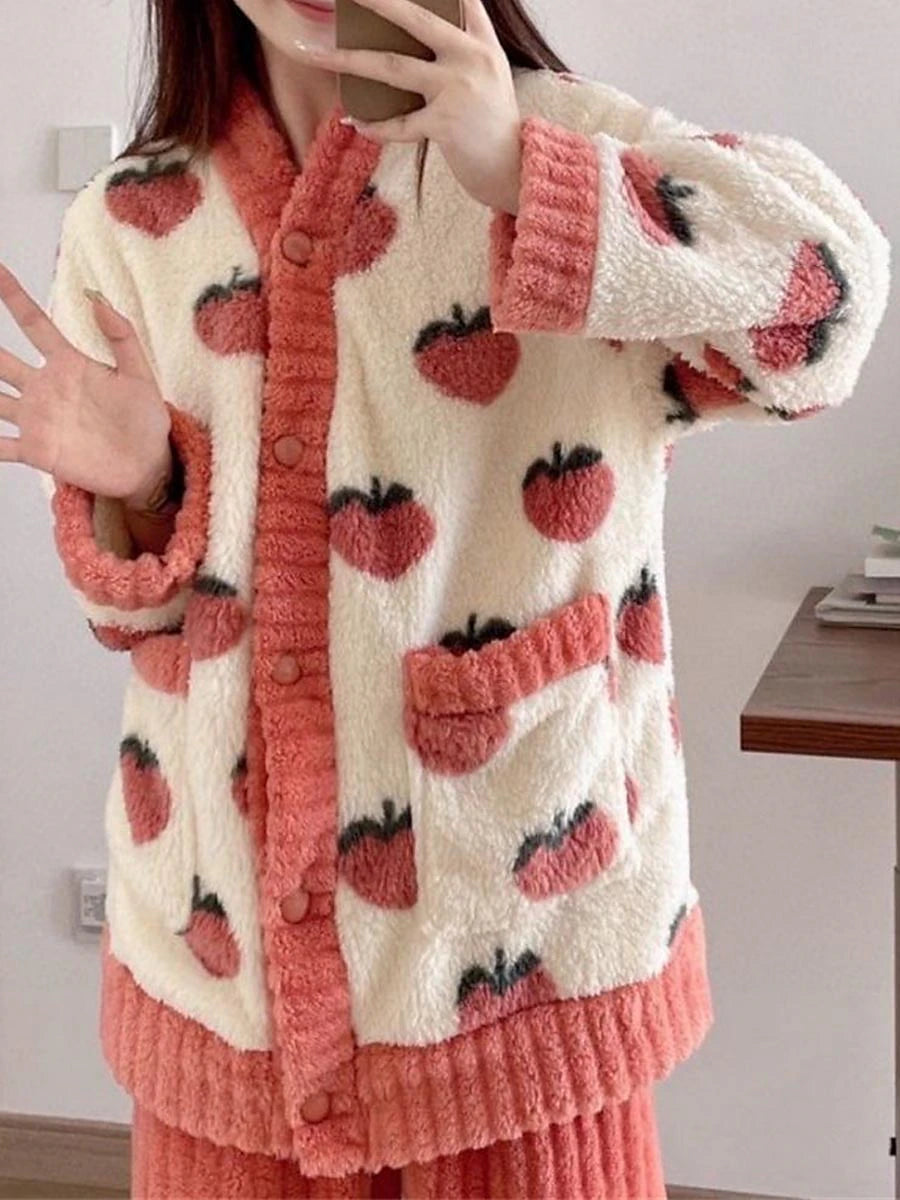 Warm and Cozy Fruit Fashion Fleece Pajama Set Ensemble for Women