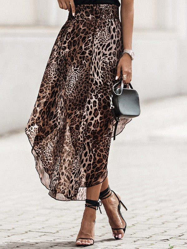 Leopard Print Smocked High Waist Chiffon Irregular Skirt