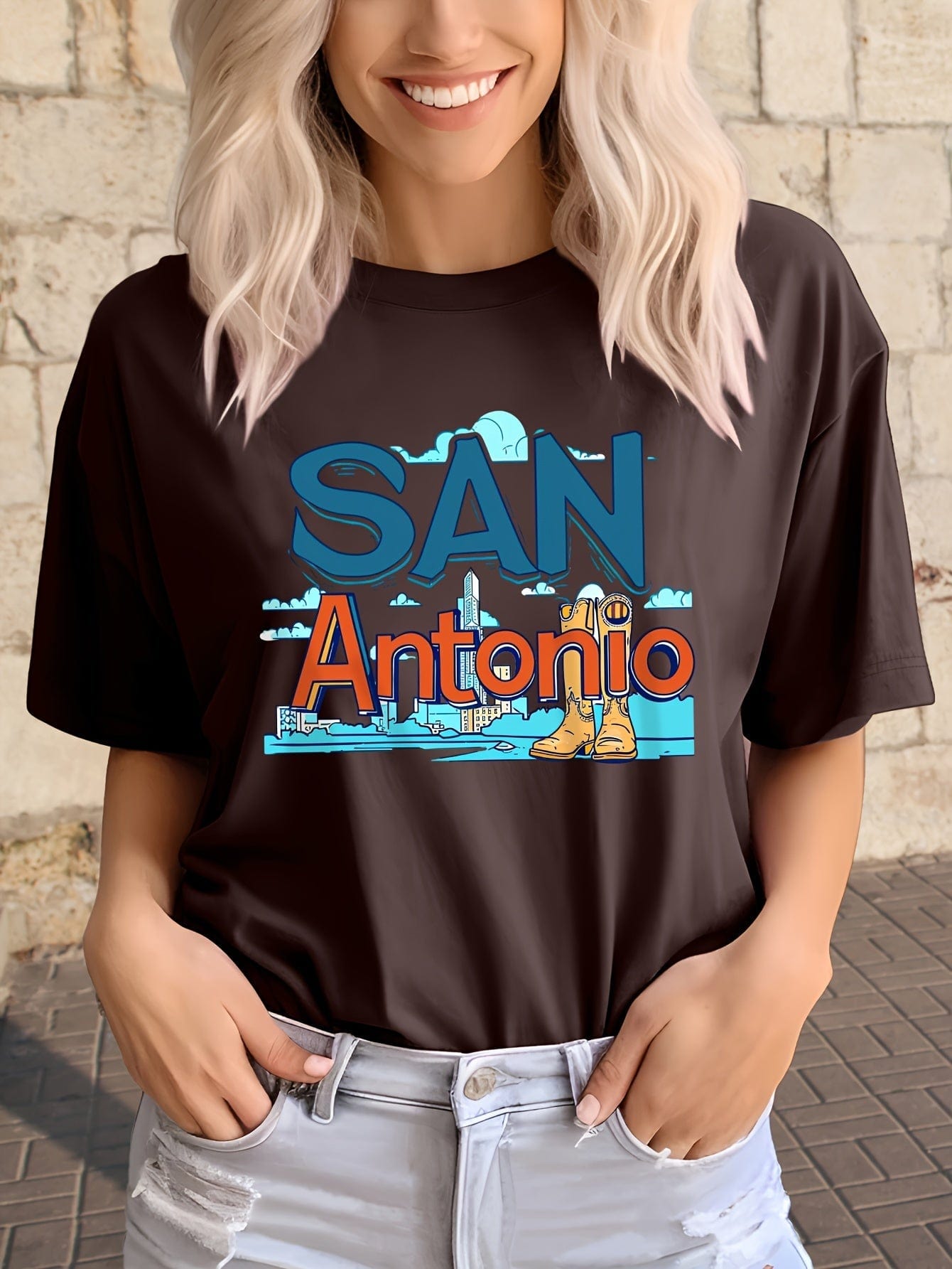 Alphabets & Cityscape Print Crew Neck Top