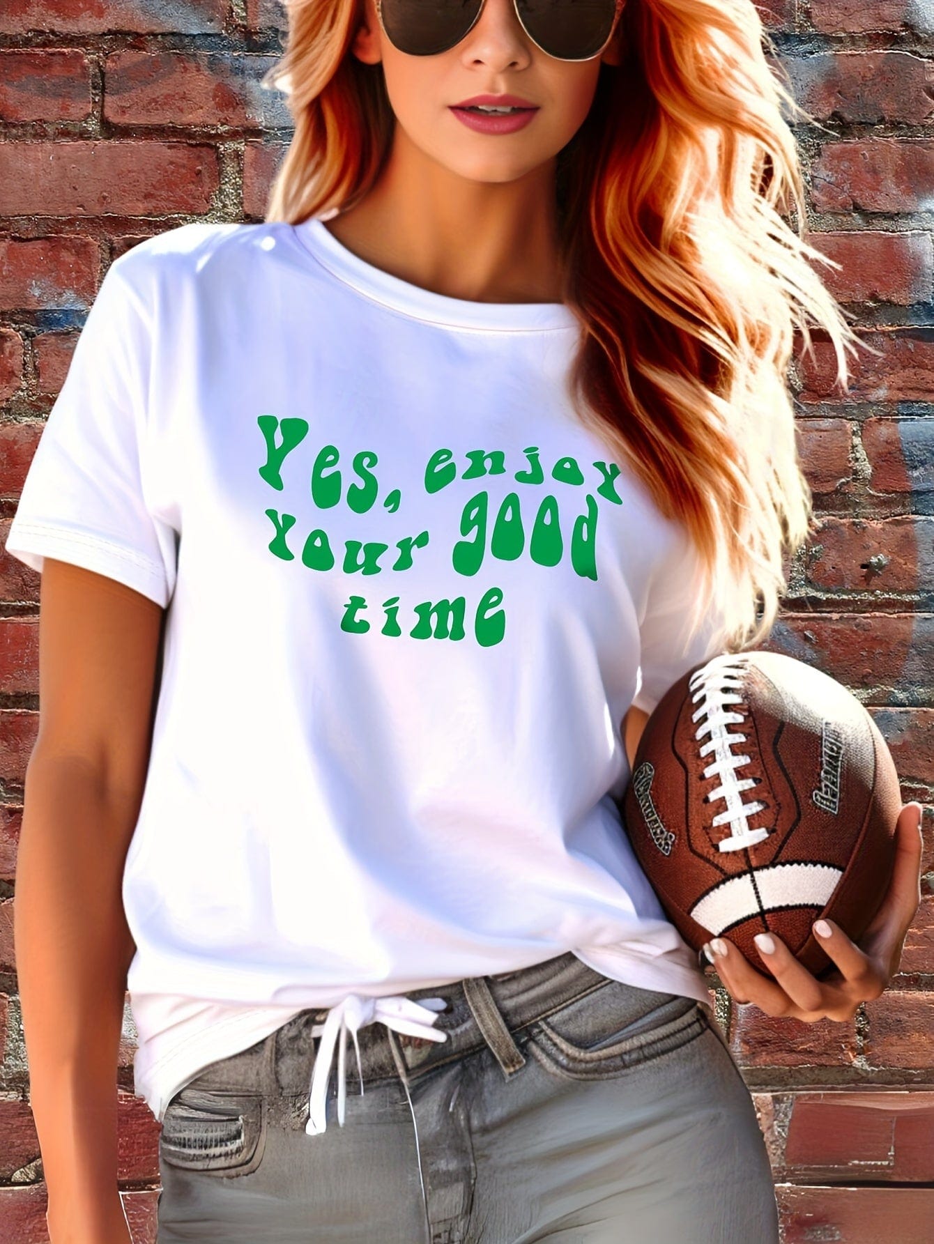 Alphabet Design Crew Neck T-shirt for Women, Spring & Summer Casual Top