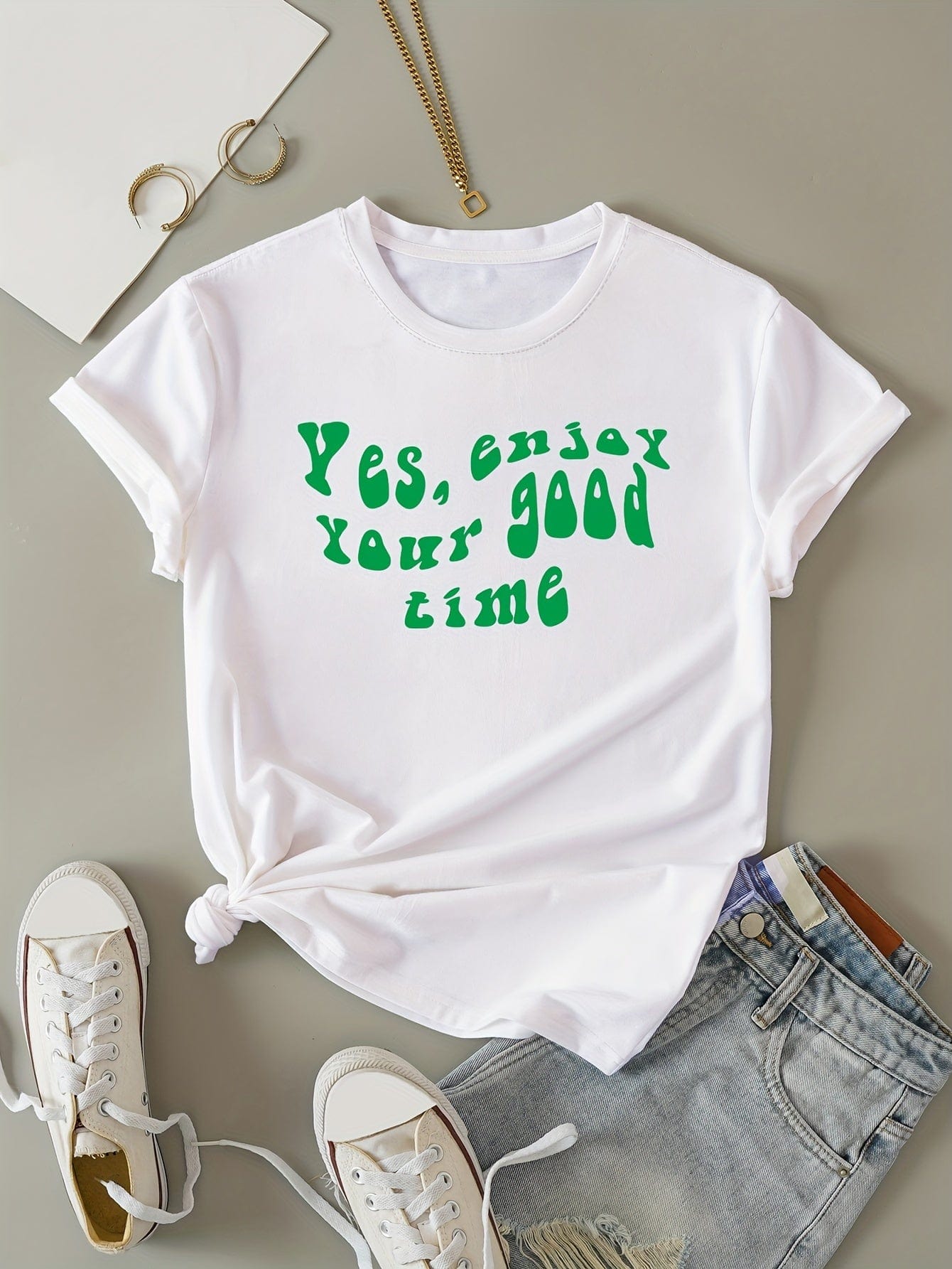 Alphabet Design Crew Neck T-shirt for Women, Spring & Summer Casual Top