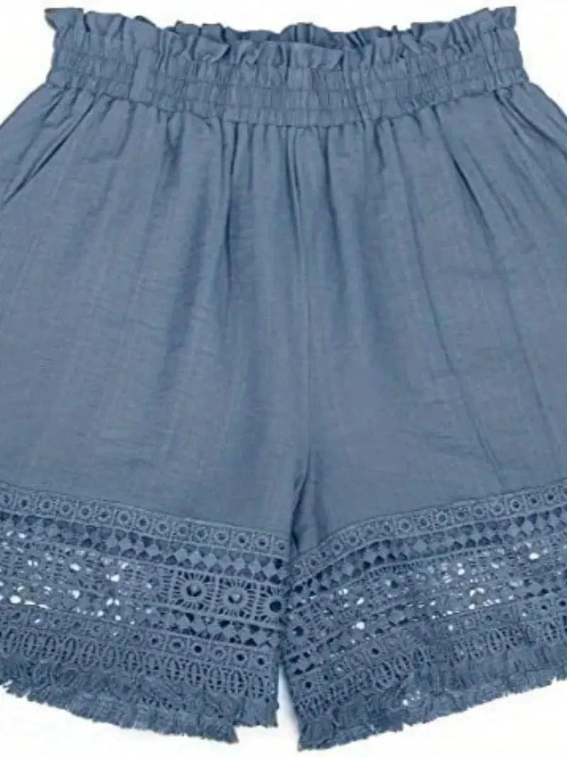Casual Contrast Lace Trim Elastic Waist Slant Pocket Loose Shorts