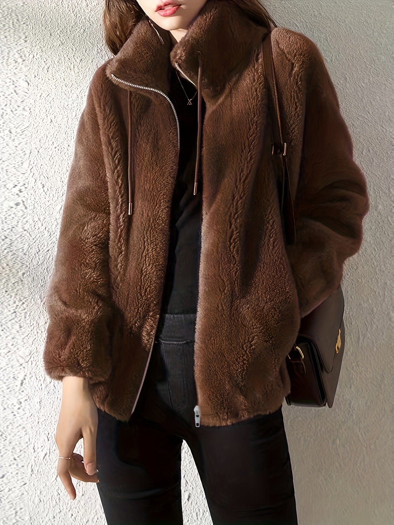 Cozy Solid Drawstring Zip-Up Long Sleeve Warm Coat