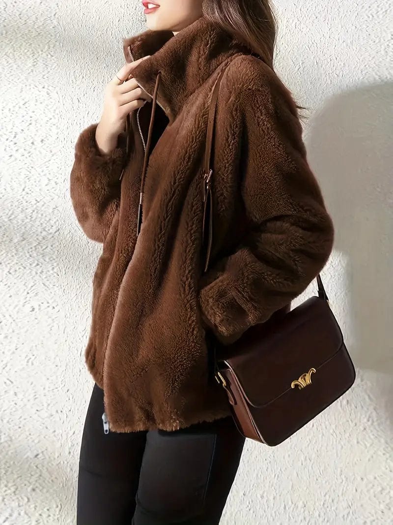 Cozy Solid Drawstring Zip-Up Long Sleeve Warm Coat