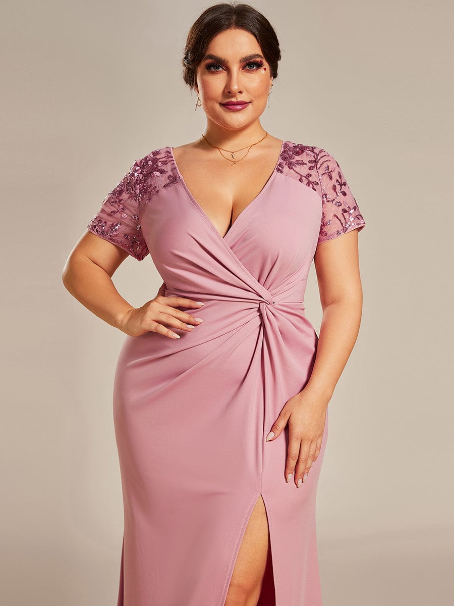 Deep V-Neck Sequin Short Sleeve High Side Front Slit Mother of the Bride Dress