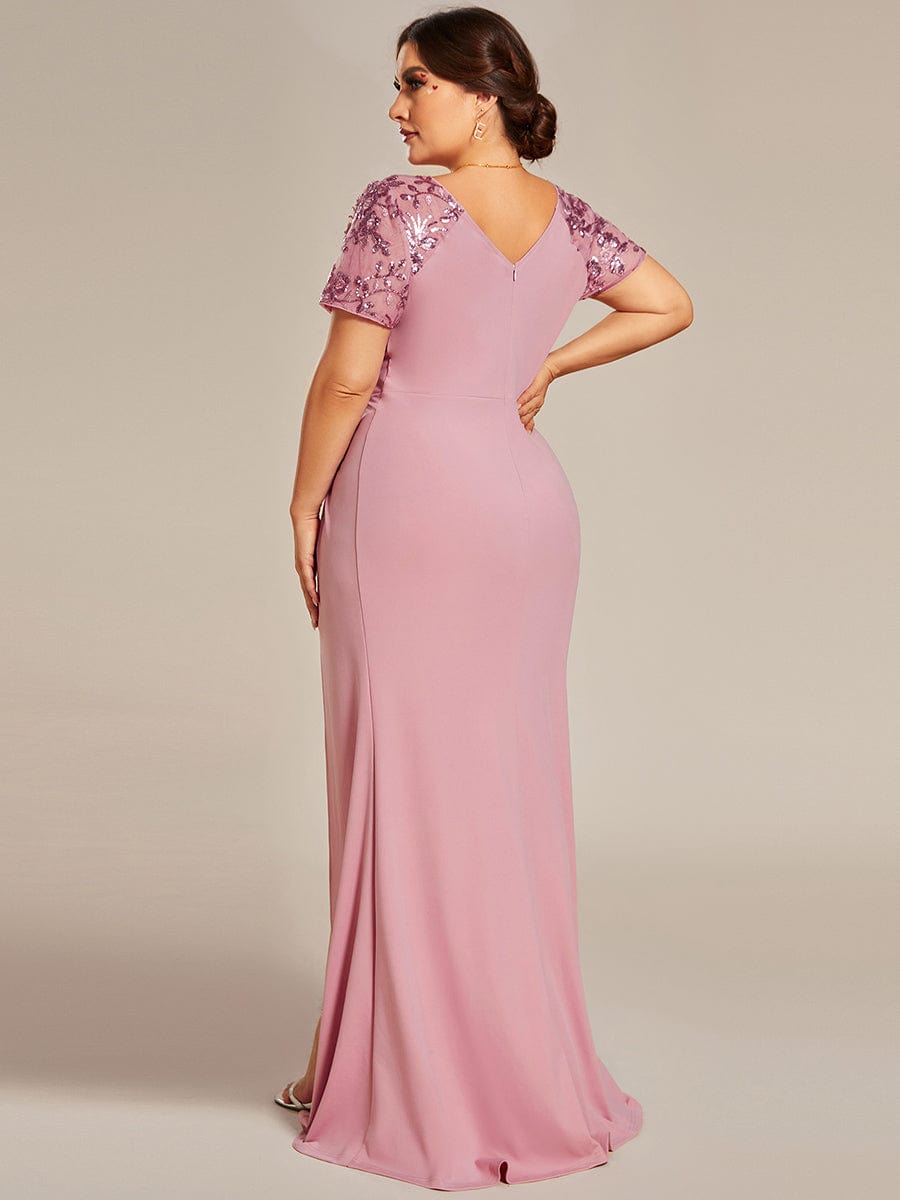 Deep V-Neck Sequin Short Sleeve High Side Front Slit Mother of the Bride Dress