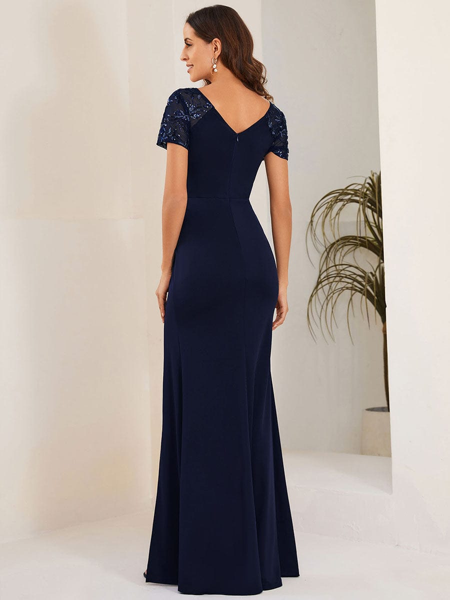 Deep V-Neck Sequin Short Sleeve High Side Front Slit Mother of the Bride Dress