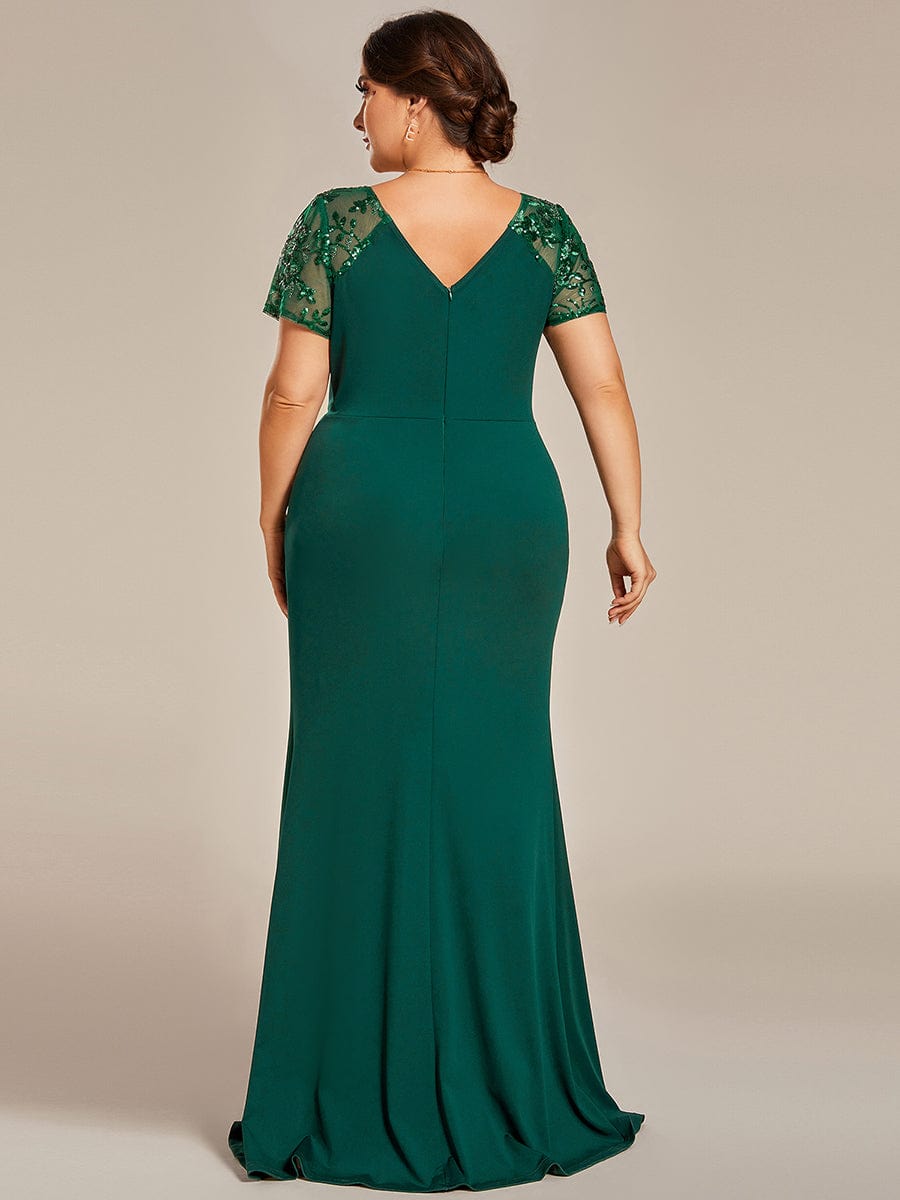 Deep V-Neck Sequin Short Sleeve High Side Front Slit Mother of the Bride Dress