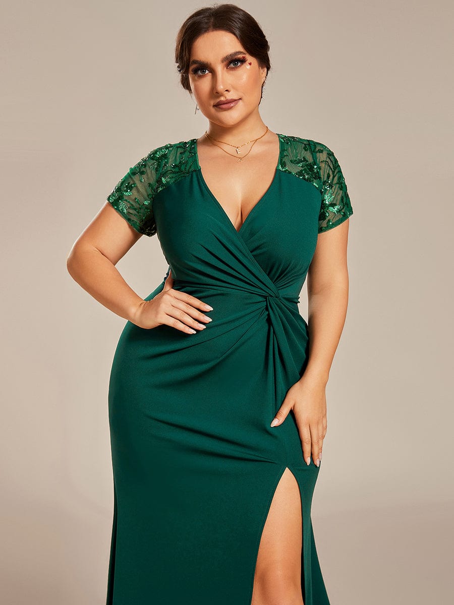 Deep V-Neck Sequin Short Sleeve High Side Front Slit Mother of the Bride Dress