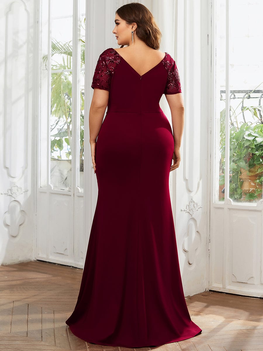 Deep V-Neck Sequin Short Sleeve High Side Front Slit Mother of the Bride Dress