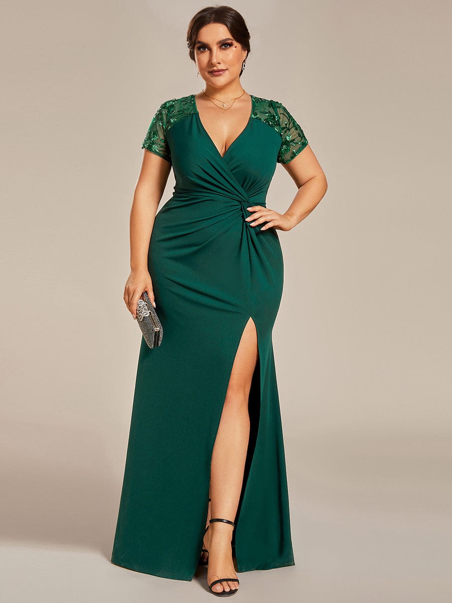Deep V-Neck Sequin Short Sleeve High Side Front Slit Mother of the Bride Dress