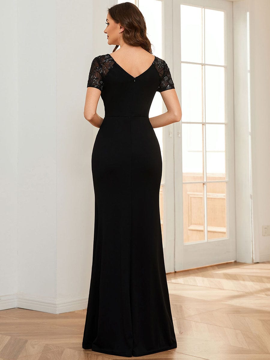 Deep V-Neck Sequin Short Sleeve High Side Front Slit Mother of the Bride Dress