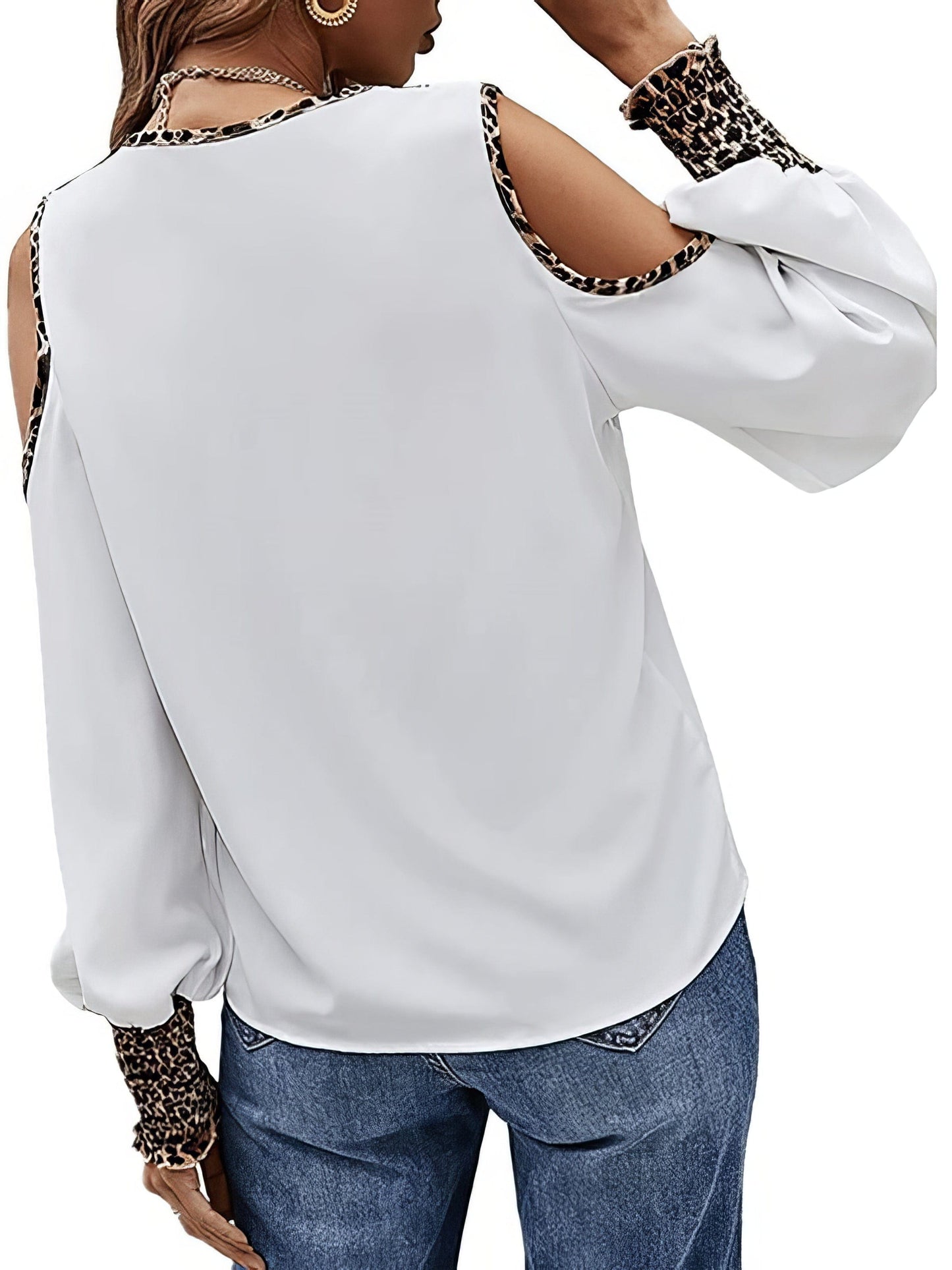 Leopard Print Stitching V Neck Button Off-The-Shoulder T-Shirt
