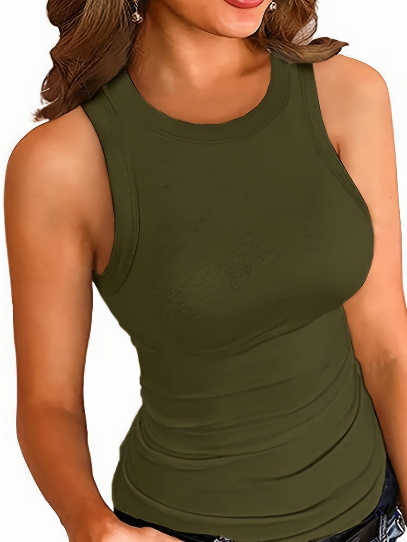 Plus Size Basic Tank Top, Women's Plus Plain Round Neck Medium Stretch Tank Top