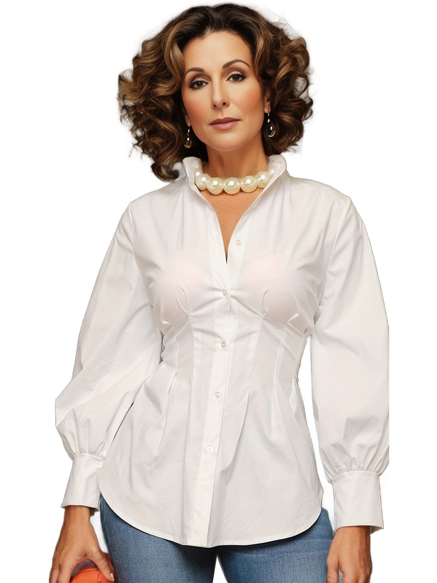 Plus Size Casual Blouse, Women's Plus Solid Button Up Lantern Sleeve Turn Down Collar Nipped Waist Blouse