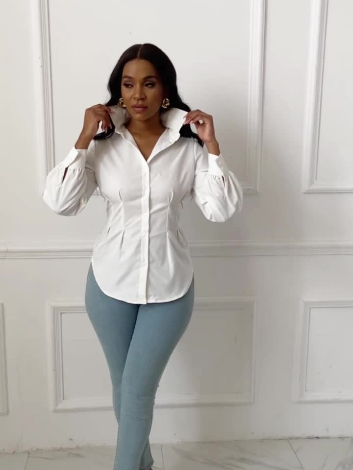Plus Size Casual Blouse, Women's Plus Solid Button Up Lantern Sleeve Turn Down Collar Nipped Waist Blouse