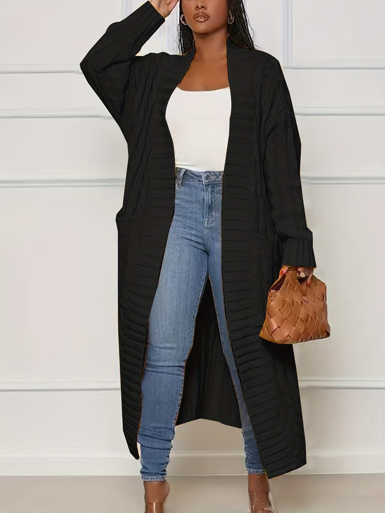 Plus Size Casual Cardigan, Women's Plus Cable Knitted Long Sleeve Open Front Medium Stretch Sweater Cardigan With Pockets