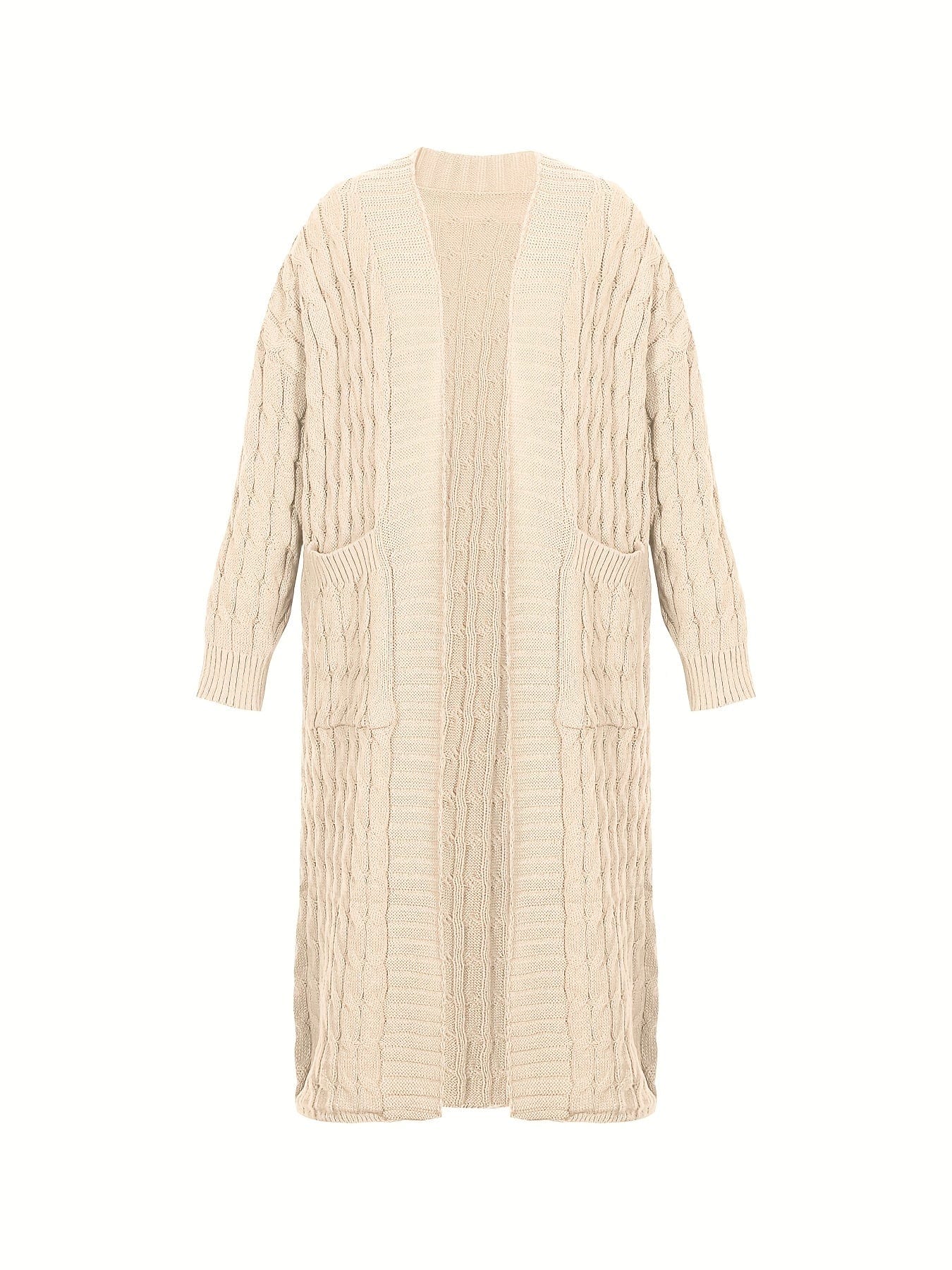 Plus Size Casual Cardigan, Women's Plus Cable Knitted Long Sleeve Open Front Medium Stretch Sweater Cardigan With Pockets