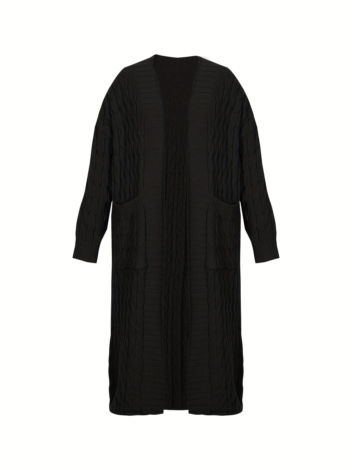 Plus Size Casual Cardigan, Women's Plus Cable Knitted Long Sleeve Open Front Medium Stretch Sweater Cardigan With Pockets