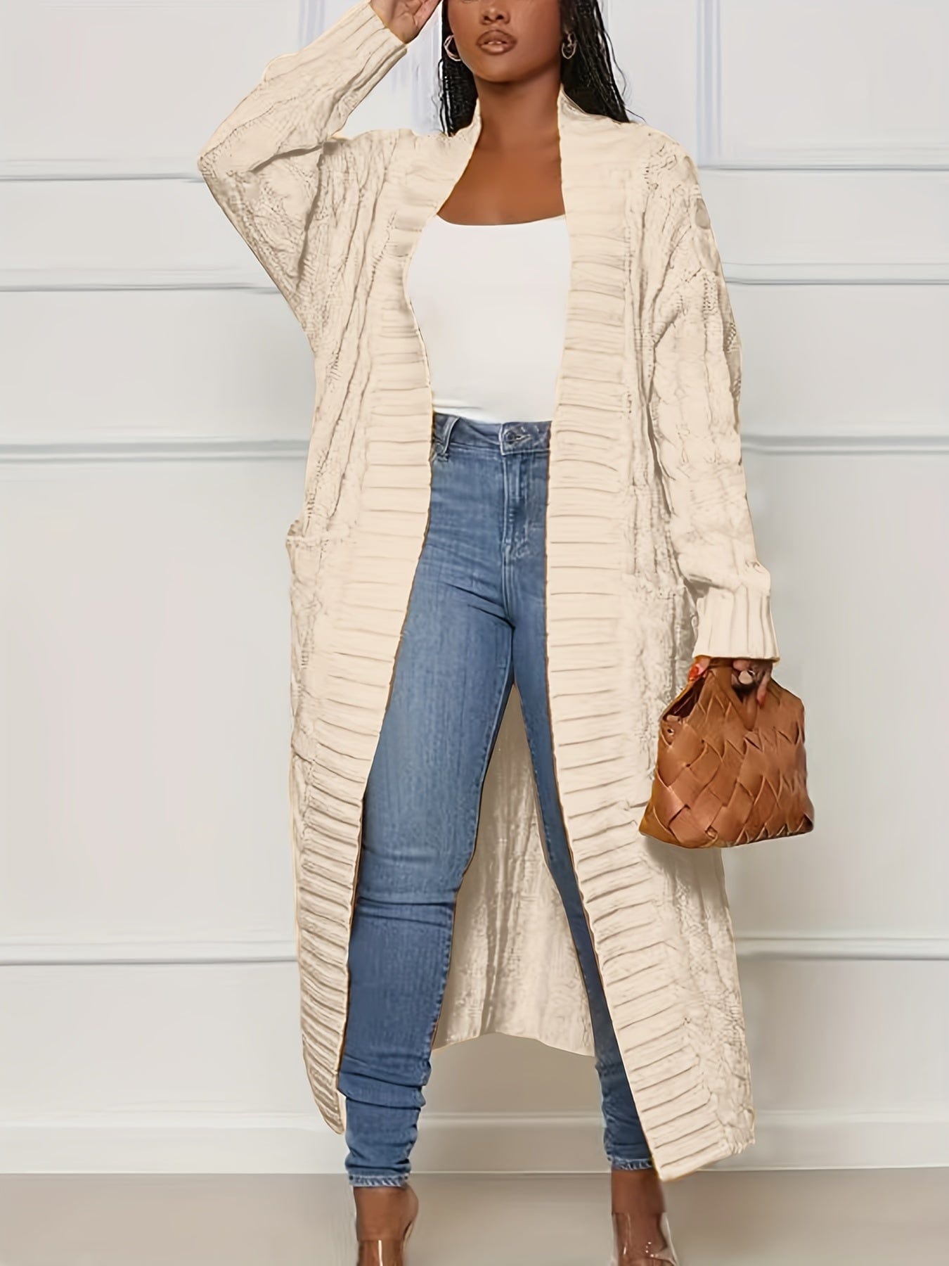 Plus Size Casual Cardigan, Women's Plus Cable Knitted Long Sleeve Open Front Medium Stretch Sweater Cardigan With Pockets