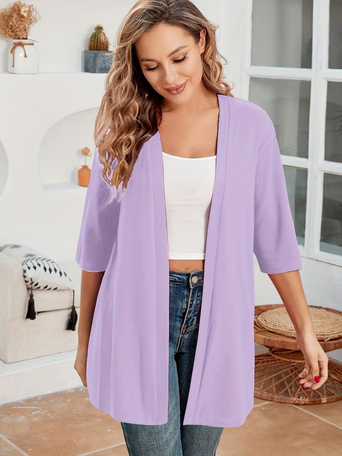 Plus Size Casual Cardigan, Women's Plus Solid Half Sleeve Open Front High Stretch Cardigan