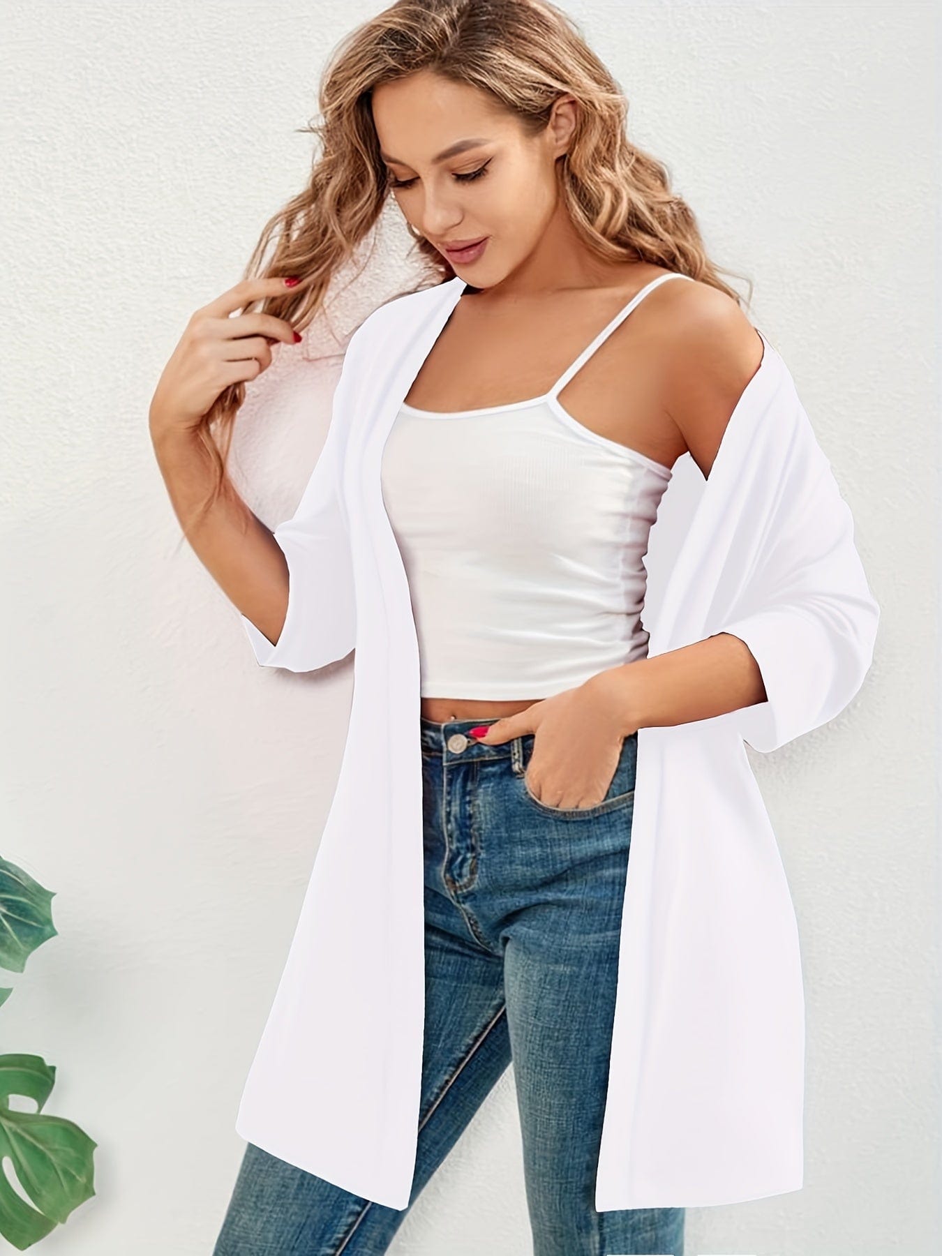 Plus Size Casual Cardigan, Women's Plus Solid Half Sleeve Open Front High Stretch Cardigan